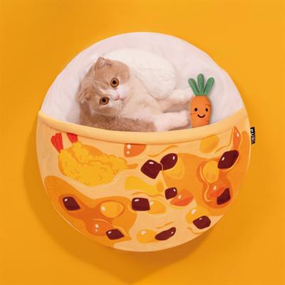 PURLAB Curry Rice Pet Bed - Cat curry rice dish pattern fluffy bed, has pocket and pillow to sleep